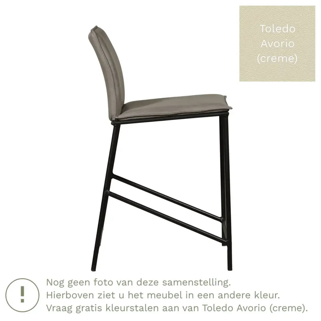 afbeelding van Leren barkruk laag Favor - Toledo Avorio (creme) - poten staal rond zwart